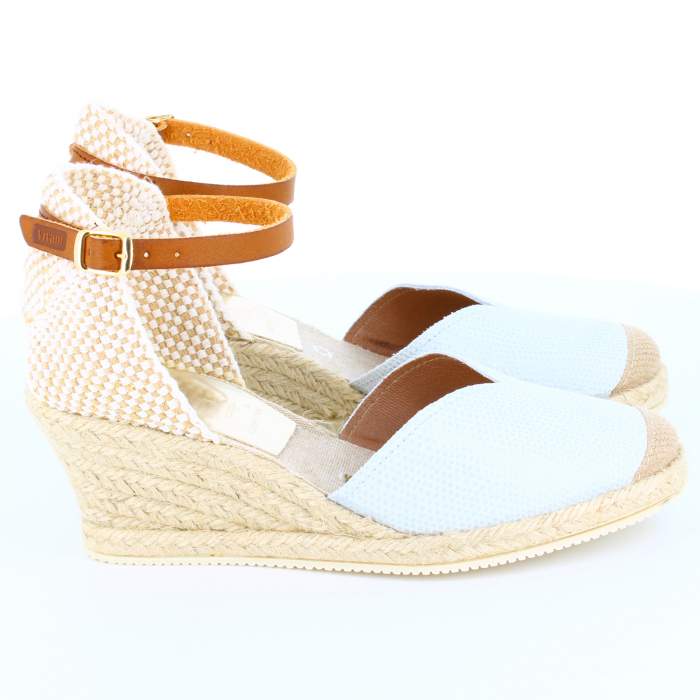 Vista lateral de Sandalias con cuña de yute blanca para mujer modelo LIZARD en piel color blanco
