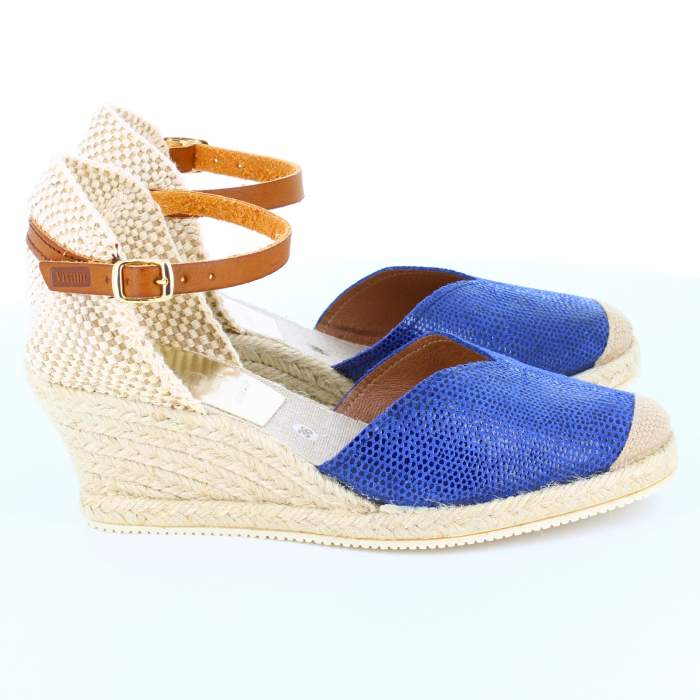 Sandalias de yute para mujeres modelo LIZARD color azul blavern con plataforma de esparto