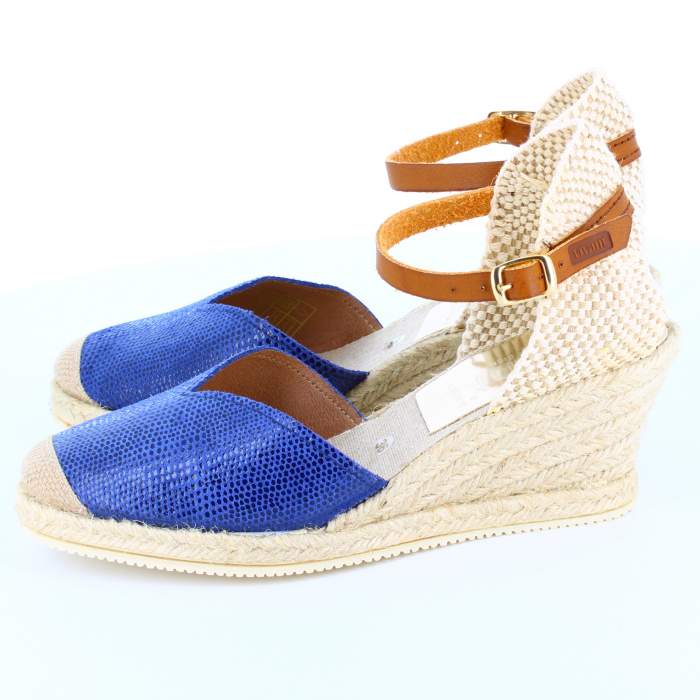 Sandalias de yute para mujeres modelo LIZARD color azul blavern con plataforma de esparto