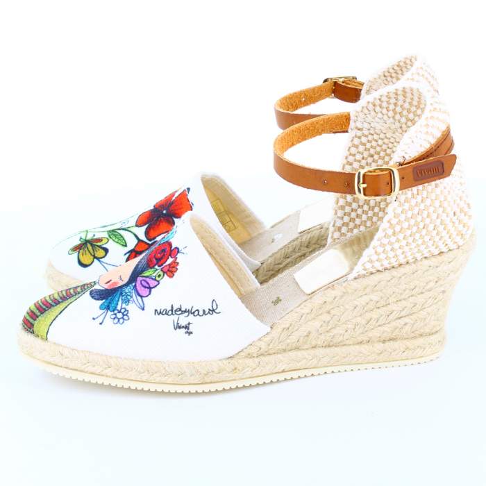 Sandalias Cuña Flores Blanco