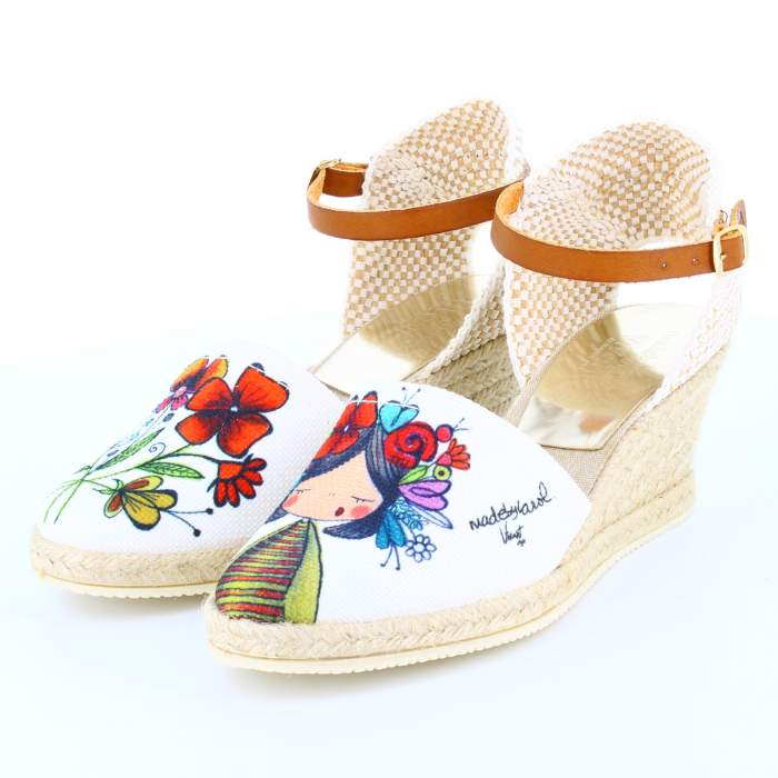 Sandalias Cuña Flores Blanco