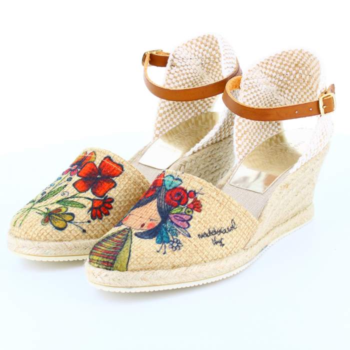 Sandalias Cuña Flores Beige
