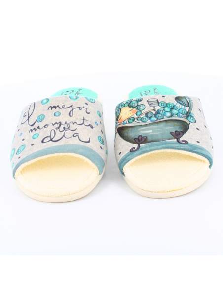 Comprar Zapatillas de Casa para Mujer mensaje "Mejor momento del día" en color Gris