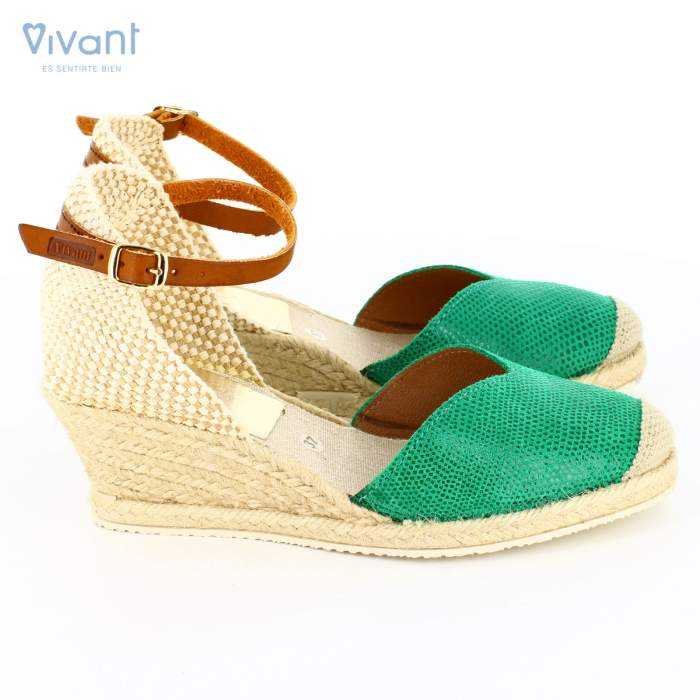 Lateral de las cuñas de yute para señora en color verde esmeralda
