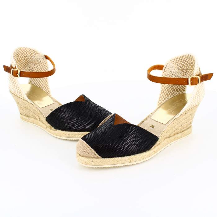 Sandalias de yute piel negra para mujer