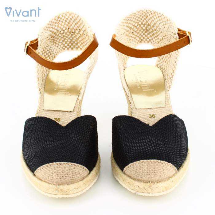 frontal de sandalias de yute en piel negra para mujer